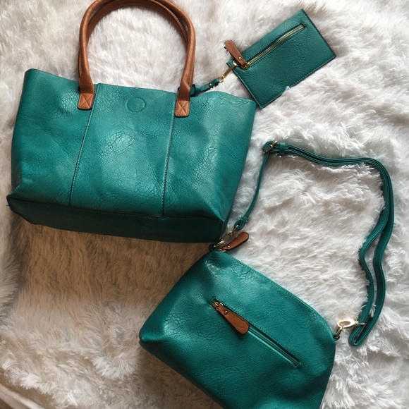 leather Handbags - Leather Teal & Tan tote+ purse + coin purse well m